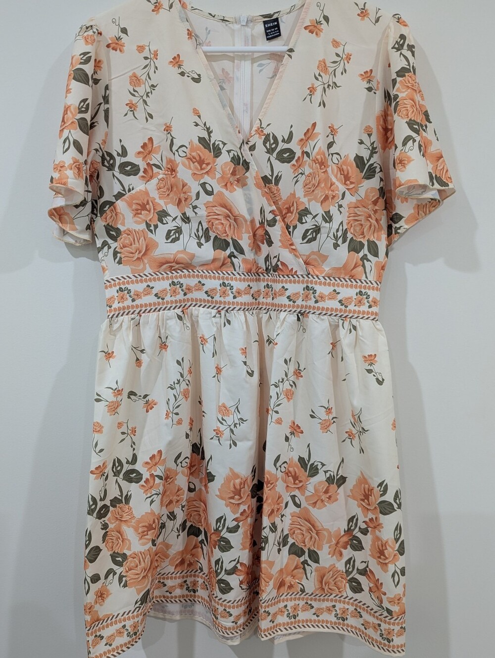 SHEIN Cream Floral Midi Dress with Peach Roses
